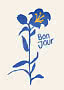 Illustrazione di un giglio blu con centro giallo e scritta "Bon Jour" su sfondo chiaro