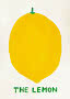 Illustratie van een grote gele citroen met groene steel en de tekst "THE LEMON" op witte achtergrond