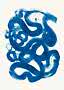 Abstract artwork with bold blue swirling brushstrokes on a light background