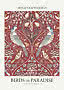 Decorative poster with symmetrical bird pattern, blue and cream birds and flowers on red background