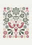 Motivo folk art simmetrico con due uccelli rossi, fiori e foglie in verde, rosso e beige