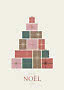 Illustrazione di pacchi regalo impilati a forma di albero di Natale con scritta "Joie de Noël Paris"