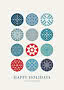 Poster con 12 motivi rotondi a fiocco di neve in blu e rosso e testo "Happy Holidays, Strøget, Copenhagen"