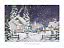 Acquerello di villaggio innevato di notte con casa illuminata, abeti e neve che cade