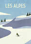 Vintage skiplakat med teksten "Les Alpes", snedækkede bjerge og en skiløber i sving
