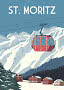 Vintage rejseplakat med rød svævebane over sneklædte bjerge i St. Moritz