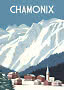 Affiche de voyage vintage CHAMONIX, montagnes enneigées et village alpin avec clocher