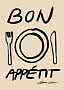 Affiche minimaliste avec texte, assiette, fourchette et couteau sur fond beige