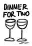 Affiche typographique noire avec le texte "Dinner for Two" et deux verres à vin.