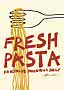 Illustration d’une main tenant des pâtes, avec le texte « Fresh Pasta » sur fond clair