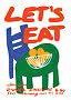 Affiche colorée avec le texte "LET'S EAT", une chaise bleue, une table verte et un bol d'oranges.