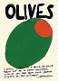 Affiche avec grande olive verte, piment rouge et texte “OLIVES” en lettres noires manuscrites