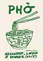 Illustration d’un bol de pho avec baguettes et texte vert sur fond beige
