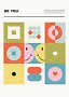 Grafisk plakat med teksten "BE YOU" og farverige geometriske former, smileyer og hjerte.