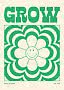 Grafica rétro verde con la scritta GROW e un fiore sorridente su sfondo color crema