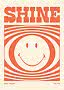 Poster grafico con scritta SHINE e faccina sorridente arancione su sfondo color crema