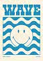 Poster grafico blu con scritta WAVE, motivo ondulato e grande faccina smiley