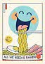 Poster colorato con volto felice che mangia ramen con bacchette, uovo e fette di carne.