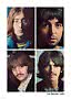Plakat z czterema portretami The Beatles z 1968 roku ułożonymi w siatce na białym tle