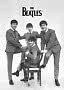 Czarno-biały plakat The Beatles w garniturach, trzech stoi, jeden siedzi na krześle