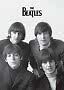 Czarno-biały portret The Beatles z logo zespołu u góry