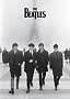 Czarno-biały plakat The Beatles na tle Wieży Eiffla we mgle