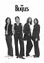 Czarno-biały plakat The Beatles z czterema członkami zespołu pod logo