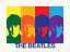 Poster pop art con quattro ritratti colorati dei Beatles e scritta blu in basso