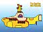 Ilustração do Yellow Submarine dos Beatles em fundo azul com título no canto superior direito