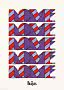 Poster mit dem Wort LOVE fünfmal in roten, violetten und hellblauen geometrischen Buchstaben, The Beatles unten