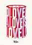 Poster mit dem Wort LOVE in großen 3D-Buchstaben in Rosa, Rot und Weiß, mit The Beatles-Logo unten