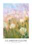 Abstracte bloemenposter met pasteltuin in roze, blauw en groentinten en de tekst Le Jardin Fleuri