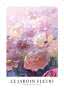 Plakat med impressionistisk blomstermaleri i rosa og lilla toner med teksten "Le Jardin Fleuri"