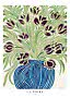 Affiche stylisée de tulipes violettes et feuillage vert dans un vase bleu