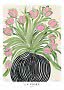 Illustration de tulipes roses avec feuilles vertes dans un vase noir rayé sur fond clair