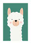 Cute illustration of a white llama with pink cheeks on a green background