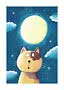 Illustrazione dipinta di un gatto sotto una grande luna piena in un cielo stellato