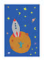 Bunte Illustration mit Rakete und Astronaut auf einem orangefarbenen Planeten im Weltraum