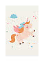 Dolce illustrazione di un unicorno volante con ali, nuvole, cuori e stelle