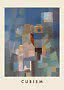 Abstracte kubistische poster in blauw- en aardtinten met geometrische vormen en de tekst CUBISM