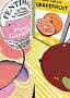 Illustration av pink ginger-burk, grapefruktkartong, solglasögon och en mango på randigt underlag