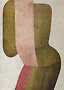Abstract artwork with overlapping organic shapes in olive green, pink and red on a light background