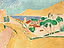 Malerische Küstenlandschaft mit Dorf, grünen Bäumen, blauer Bucht und goldenen Hügeln