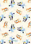 Patterned fabric with Bluey and Bingo characters in playful poses on a light background
