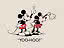 Mickey en Minnie Mouse in retrostijl op beige achtergrond met de tekst “YOO-HOO!”