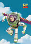 Buzz Lightyear de Toy Story volando sobre un cielo azul con nubes blancas.