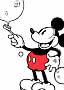 Mickey Mouse in klassieke stijl houdt een ballon vast op witte achtergrond