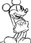 Zwart-witte lijntekening van Mickey Mouse die glimlacht met zijn hand tegen zijn wang.