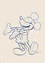 Blauwe lijntekening van Mickey Mouse met open armen op lichtbeige achtergrond