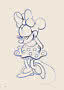 Blauwe lijntekening van Minnie Mouse in gestippelde jurk met strik op lichte achtergrond